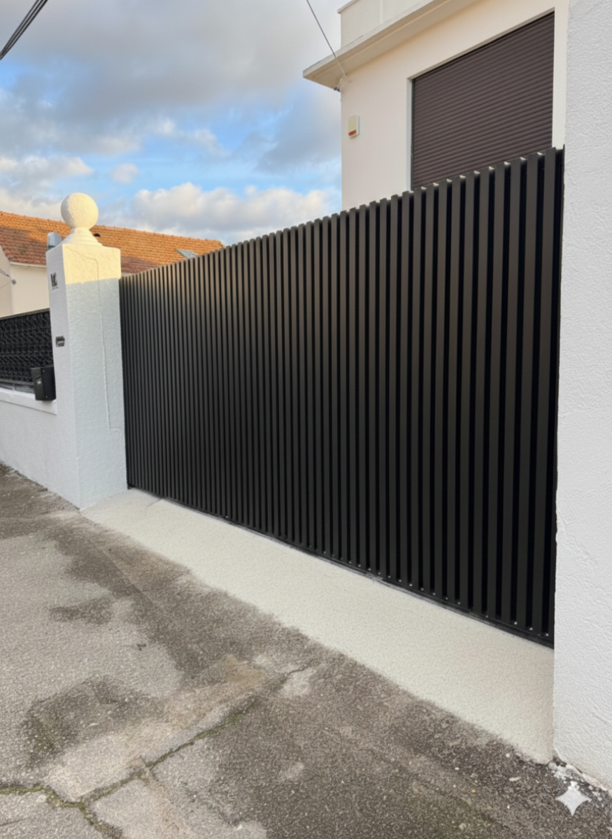 Portail coulissant en acier sur mesure Aix-en-Provence, design moderne à lames verticales noires, réalisé par l'Atelier du Ferronnier